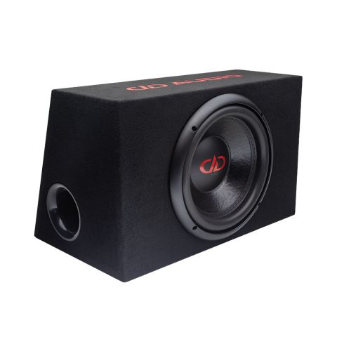 Photo of PLE-112.1 enclosure angled to show port on side and subwoofer in front