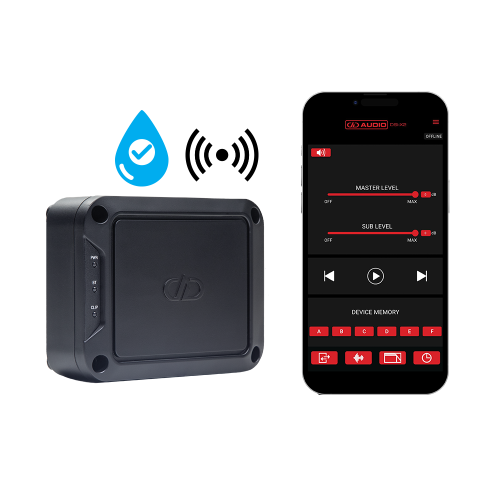 Photo of DSI-X2 shot from the top angled on its side to show logo and indicator lights with water droplet icon to indicate waterproof IPX7 rating and icon indicating wireless connectivity next to phone with screen showing app control