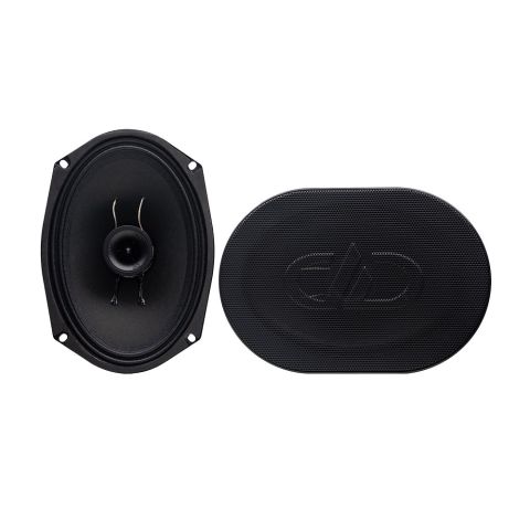 Photo of VO-XN369 6" x 9" neo coaxial pair, first facing front to show grill with embossed logo, the other front to show tweeter and cone