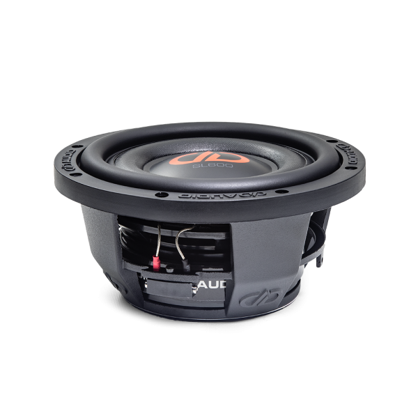 8 inch SL Slim Series Subwoofer with motor flat on surface, slightly angled showing surround cone and dust cap and logo