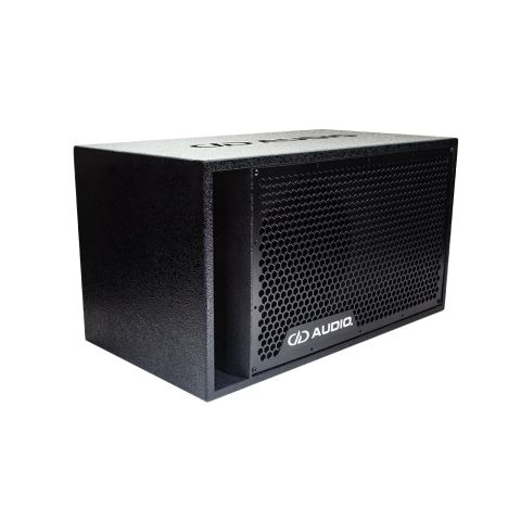 Photo of coated 10 inch loaded enclosure facing front angled right to show front grill with DD AUDIO logo and port, and a slight glimpse of DD AUDIO logo on top.