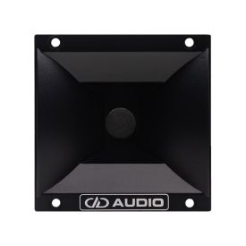 Photo of 6x6 Horn facing front to show black matte finish, curves, and metal plate with DD AUDIO logo