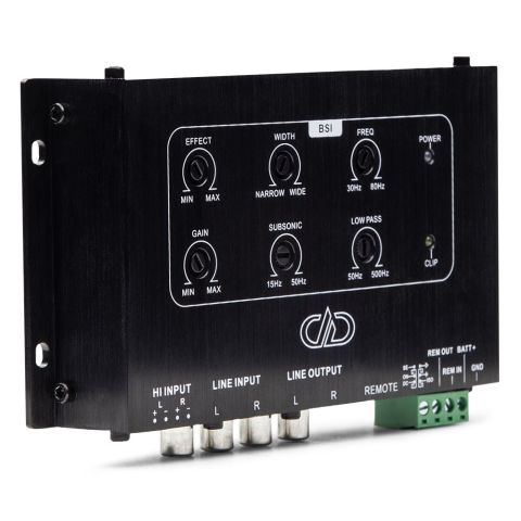 Photo of BSI - bass signal integrator showing top with settings and side with inputs