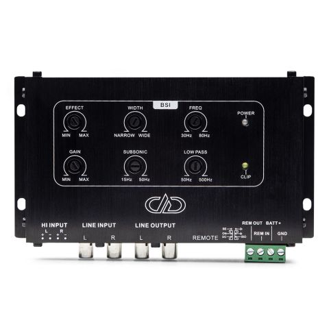 Photo of BSI - bass signal integrator showing top with settings and side with inputs