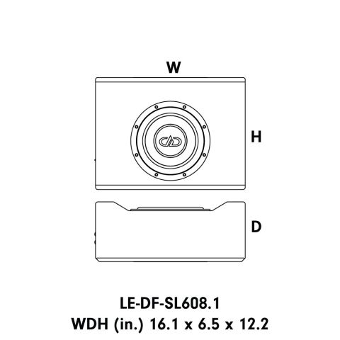 Diagram showing dimensions for LE-DF-SL608.1: WDH (in) 16.1 x 6.5 x 12.2