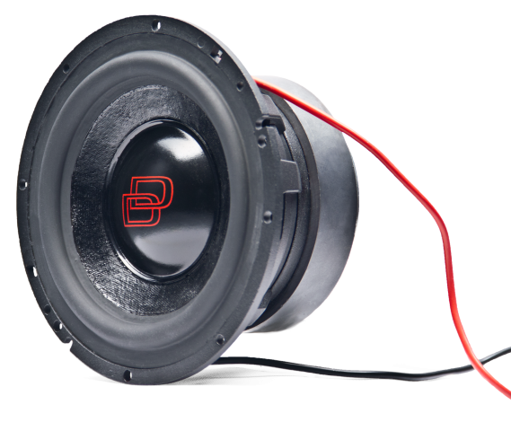 Photo of W6 shot facing front angled left to show cone and classic DD dustcap, surround, basket, motor with leads