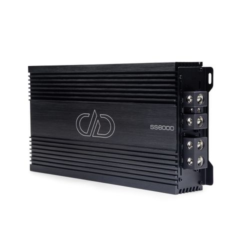 Photo of SS6000 on side showing full top plate with logo and model number, and part of end panel with power connection points