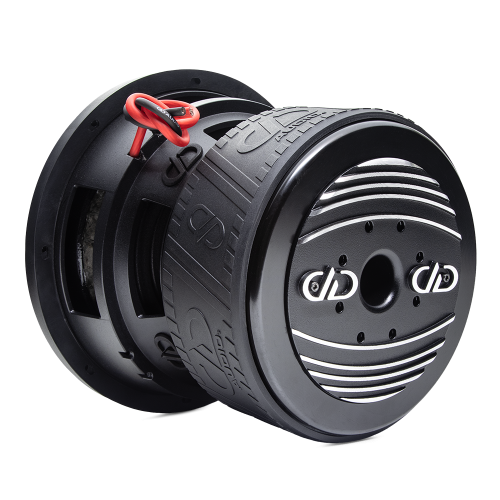 9510L - 10 Inch 9500 Series Subwoofer - Photo angled back to front down right side, showing motor heatsink, boot, basket, leads, all adorned in trademark DD AUDIO embossing.