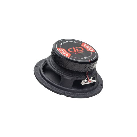 Photo of VO-MX206 angled bottom up, to show the frame, motor, boot and backplate sticker - "VO-MX206, 4 Ohm, 150 Watts RMS, DD AUDIO"