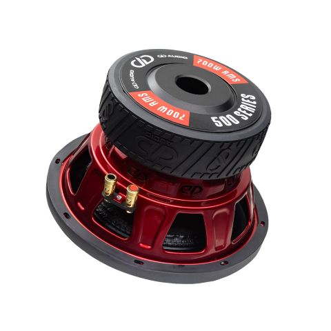 Photo of the limited 510E-SE (Special Edition) angled bottom up to show backplate sticker with DD logos and words "700W RMS - 500 Series", motor, boot, candy apple red basket, and gold push connectors