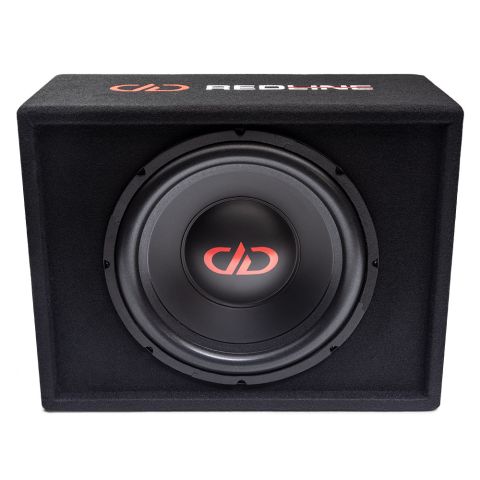 12" REDLINE RL-SE12 sealed enclosure front view tilted to show logo