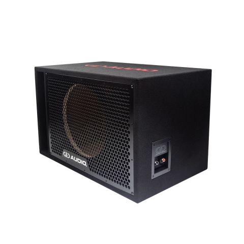 Photo of UE-12.1 facing front to show front port, grill, DD badge, angled down to show DD embroidered logo on top and right side integrated DD terminal cup