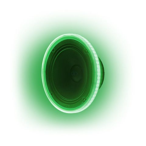 Photo of 6.5 inch LED speaker ring angled right with a green hue.