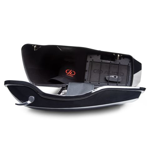 Photo of HD8-SBKa showing kit mounted in open bag on its side with speaker (not included) to demonstrate space saving design