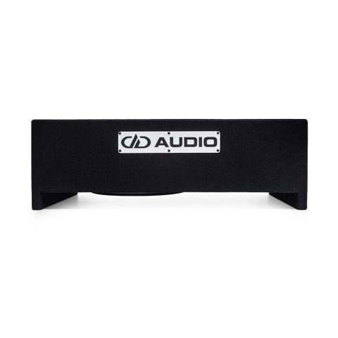 Photo of LE-DF-LS610.1 Loaded Enclosure on side to show slim profile, and metal DD AUDIO logo plate