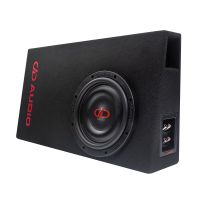 Photo of LE-SL610T.1 shot facing front angled left to show full sub, DD AUDIO embroidered logo, and side panel with terminal cup and port