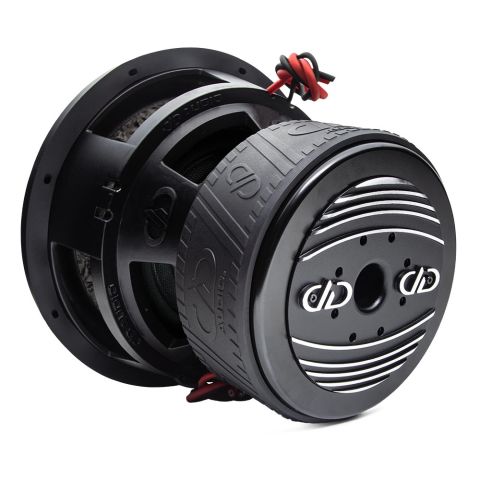 9512L - 12 Inch 9500 Series Subwoofer - Photo angled back to front down right side, showing motor heatsink, boot, basket, leads, all adorned in trademark DD AUDIO embossing.