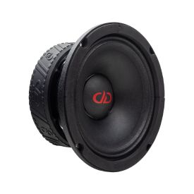 Photo of VO-M406-C Midrange shot front to back angled to show gasket, surround, full cone, logo, and motor with boot