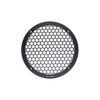 Photo of 8 inch metal mesh grill front facing, showing the logo badge at the bottom