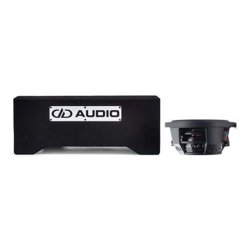 Photo of LE-DF-LS608.1 Loaded Enclosure on side to show slim profile, and metal DD AUDIO logo plate with a separate SL608 subwoofer to demonstrate scale