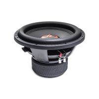 12 inch 612f subwoofer with motor flat on surface, slightly angled showing surround cone and dust cap and logo