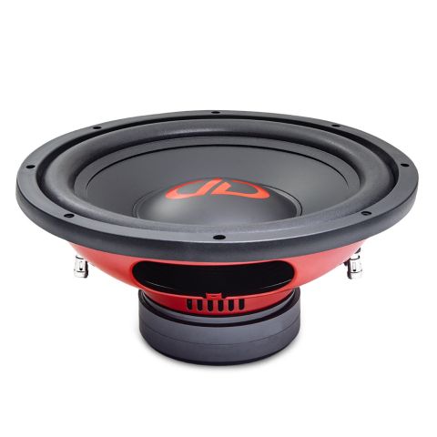 Photo of RL-SW12 - 12 Inch Hi-Def Tuned - REDLINE - Subwoofer - Angled Top to Bottom with Tilt Showing Cone and Dustcap Down to Motor and Basket