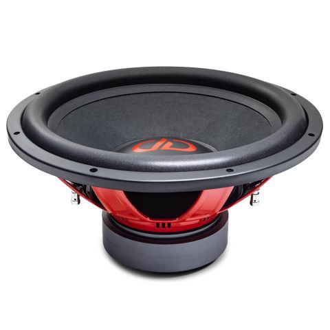 Photo of RL-PSW15 - 15 Inch Power Tuned - REDLINE - Subwoofer - Angled Top to Bottom with Tilt Showing Cone and Dustcap Down to Motor and Basket