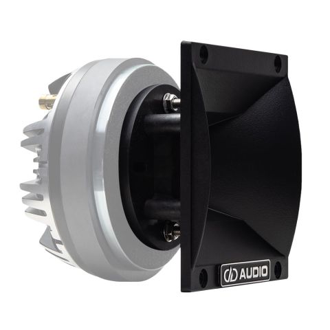 Photo of 6x6 Horn angled left to show black matte finish, curves, and metal plate with DD AUDIO logo - with a ghosted image of a CT55 compression tweeter to demonstrate how it will look mounted - CT55 not included