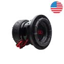 Photo of 1506a 6.5" subwoofer from back to front angled right showing motor boot, basket, ribbed surround, dustcap, logo and leads with a USA flag graphic in the top right corner