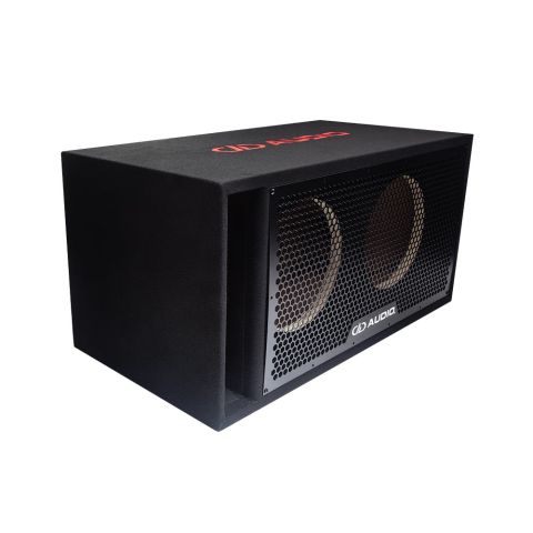 Photo of Dual 10 inch unloaded enclosure facing front angled right to show front grill with DD AUDIO logo and port, and a slight glimpse of DD AUDIO logo on top.