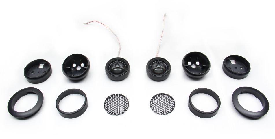 Photo showing two T2 tweeters facing front with grill and and hardware separate