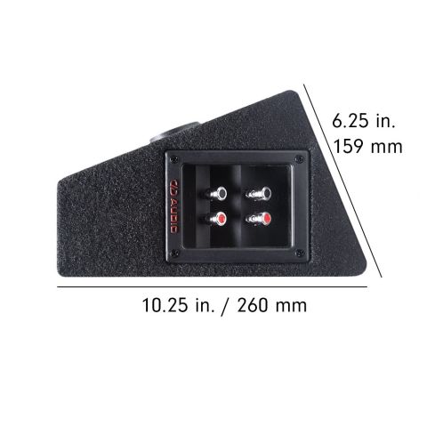Photo of the plank shot from the side to show standard included terminal cup with push connectors. Cup has raised DD AUDIO logo and four screws - also included are dimension 6.25in (159mm) x 10.25in (260mm)