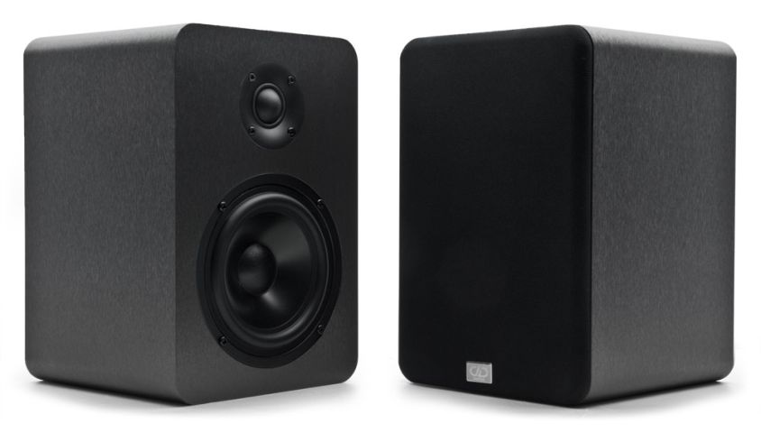 Photo of M-151 showing pair of studio monitors - on facing forward with screen the other angled, showing tweeter and woofer