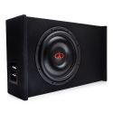 Photo of LE-DF-LS612.1 Loaded Enclosure facing front to show SL610 subwoofer in box with connection panel on side