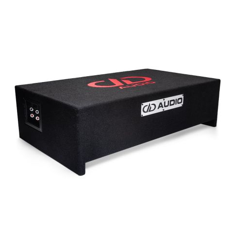 Photo of LE-DF-LS612.1 Loaded Enclosure on side to show slim profile, and metal DD AUDIO logo plate with embroidered DD logo on top