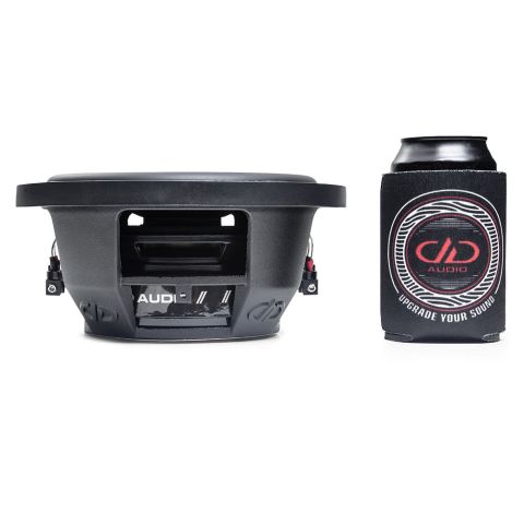 8 inch SL Slim Series Subwoofer side view with motor flat on surface, showing frame and surround next to a koozie for size reference