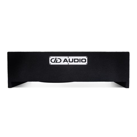 Photo of LE-DF-LS612.1 Loaded Enclosure on side to show slim profile, and metal DD AUDIO logo plate