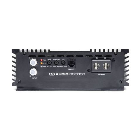 Photo of SS9000 showing close up of end panel showing speaker inputs and settings