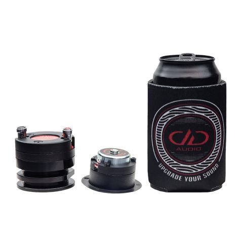 Photo of VO-MBTN125 and VO-BTN125 next to soda can for reference, demonstrating size difference of smaller "Micro Bullet Tweeter"