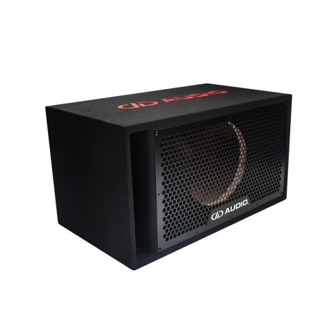 Photo of 10 inch unloaded enclosure facing front angled right to show front grill with DD AUDIO logo and port, and a slight glimpse of DD AUDIO logo on top.