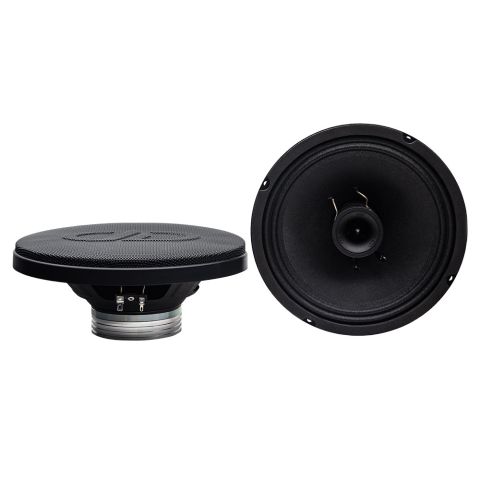 Photo of two VO-XN308s - one top to bottom showing grill and heatsink, the other facing front to show tweeter and cone