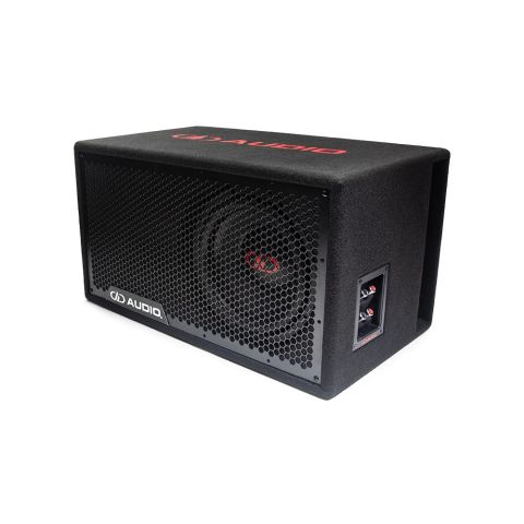 LE-510.1 / LE-310.1 Photo angled up and to the left showing the full frame protective grill, the single 500 Series 10 inch subwoofer, the side firing port, push connector panel and embroidered logo on the top of the box
