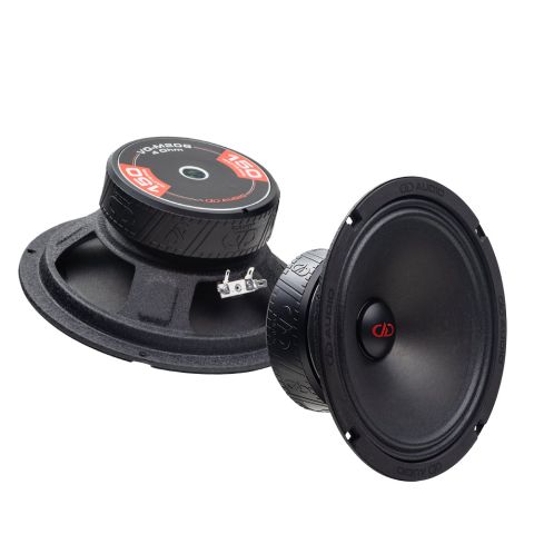 Photo of two VO-M208s; one angled bottom up, to show the frame, motor, boot and backplate sticker - "VO-M208, 4 Ohm, 150 Watts RMS, DD AUDIO"; the other angled to show cone, dustcap, and part of motor