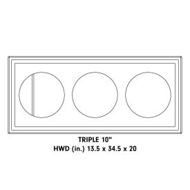 Diagram showing an unloaded enclosure with the text "Triple 10 inch enclosure - HWD (in) 13.5 x 34.5 x 20"