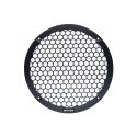 Photo of 10 inch metal mesh grill front facing, showing the logo badge at the bottom