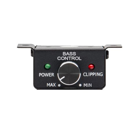 MRMT Remote front facing showing knob, clipping light, power light, min to max on bottom, bass control label on top