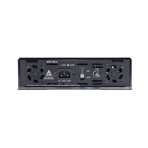 Photo of SPS side panel showing AC power port, on off switch, fuse, and fan ports.