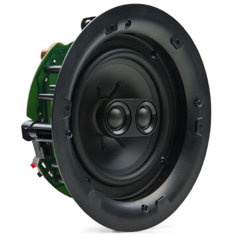 Photo of IW-65 facing front angled right to show cone, tweeters, and part of circuit backing