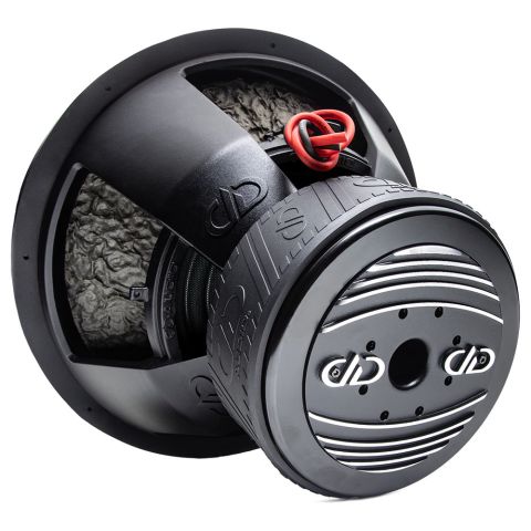 9518L - 18 Inch 9500 Series Subwoofer - Photo angled back to front down right side, showing motor heatsink, boot, basket, leads, all adorned in trademark DD AUDIO embossing.