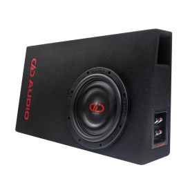 Photo of LE-SL610T.1 shot facing front angled left to show full sub, DD AUDIO embroidered logo, and side panel with terminal cup and port